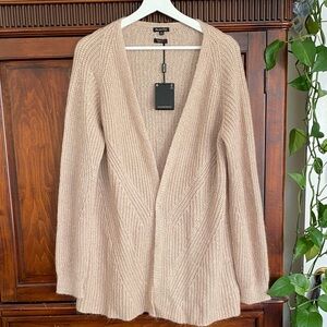 Massimo Dutti NWT taupe long open front cardigan mohair blend gold metallic L